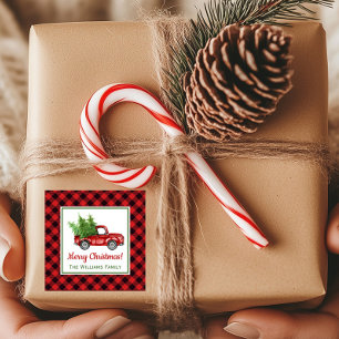 Vintage Christmas Truck   Buffalo Plaid Holiday Square Sticker