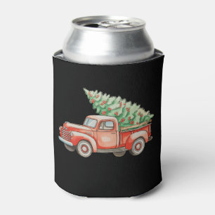 Vintage Christmas Truck Carrying Xmas Tree Holiday Can Cooler