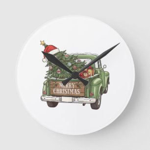 Vintage Christmas Truck Merry Christmas Men Women Round Clock
