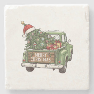 Vintage Christmas Truck Merry Christmas Men Women Stone Coaster