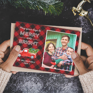 Vintage Christmas Truck Red Buffalo Plaid Photo Holiday Card