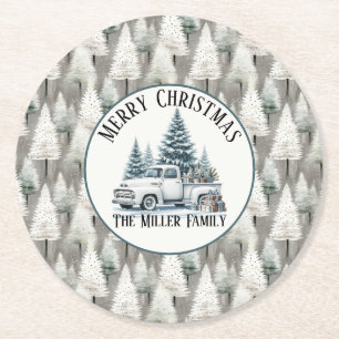 Vintage Christmas Truck with Custom Family Name Round Paper Coaster