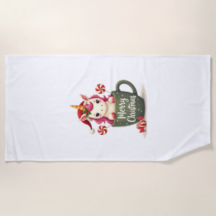 Vintage Christmas Unicorn in Merry Christmas Mug C Beach Towel