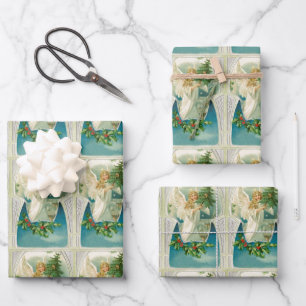 Vintage Christmas Victorian angel and tree blue Wrapping Paper Sheet