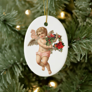 Vintage Christmas, Victorian Angel w Floral Wreath Ceramic Ornament