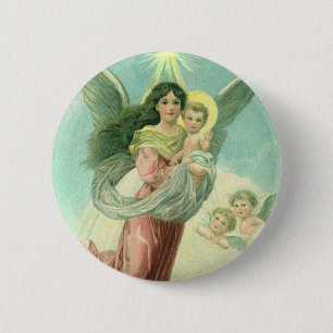 Vintage Christmas, Victorian Angel with Baby Jesus 6 Cm Round Badge