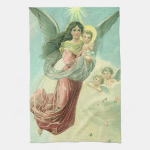 Vintage Christmas, Victorian Angel with Baby Jesus Tea Towel