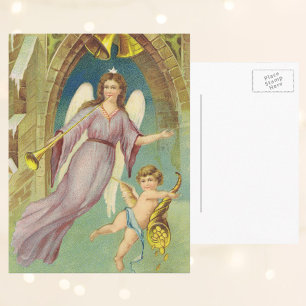 Vintage Christmas, Victorian Angel with Cherub Holiday Postcard