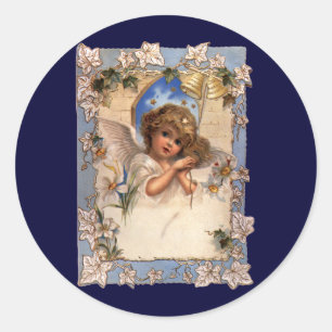 Vintage Christmas, Victorian Angel with Gold Bells Classic Round Sticker