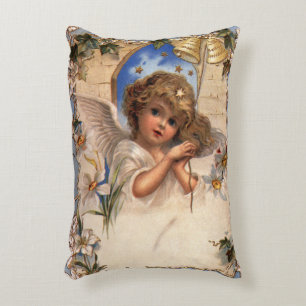 Vintage Christmas, Victorian Angel with Gold Bells Decorative Cushion
