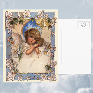 Vintage Christmas, Victorian Angel with Gold Bells Holiday Postcard