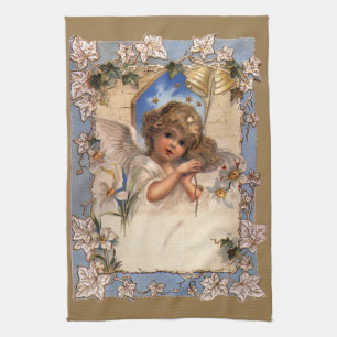 Vintage Christmas, Victorian Angel with Gold Bells Tea Towel