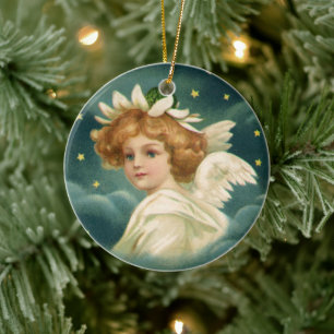 Vintage Christmas, Victorian Angel with Gold Stars Ceramic Ornament