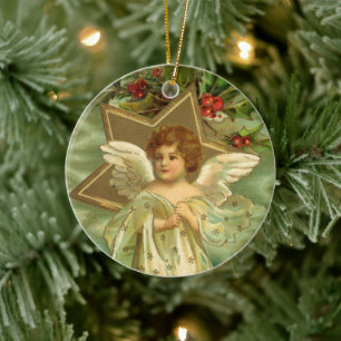Vintage Christmas, Victorian Angel with Gold Stars Ceramic Tree Decoration