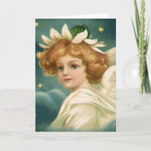 Vintage Christmas, Victorian Angel with Gold Stars Holiday Card