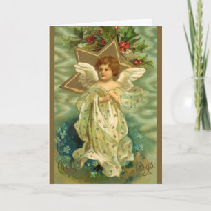 Vintage Christmas, Victorian Angel with Gold Stars Holiday Card