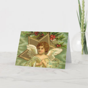 Vintage Christmas, Victorian Angel with Gold Stars Holiday Card