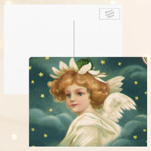 Vintage Christmas, Victorian Angel with Gold Stars Holiday Postcard