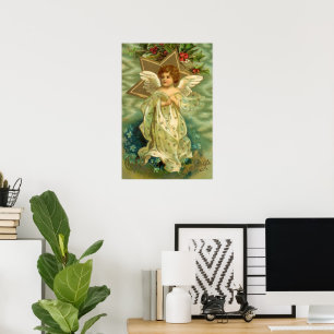 Vintage Christmas, Victorian Angel with Gold Stars Poster