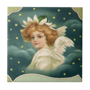 Vintage Christmas, Victorian Angel with Gold Stars Tile