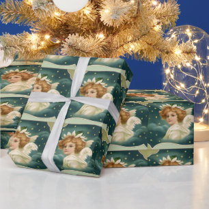 Vintage Christmas, Victorian Angel with Gold Stars Wrapping Paper