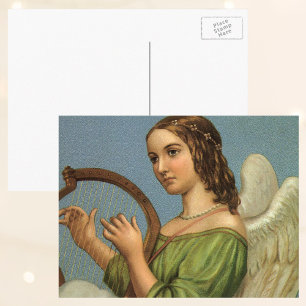 Vintage Christmas, Victorian Angel with Music Harp Holiday Postcard