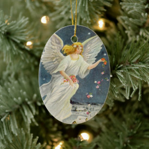 Vintage Christmas Victorian Angel with Stars Roses Ceramic Ornament