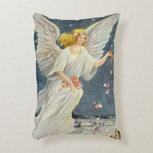 Vintage Christmas Victorian Angel with Stars Roses Decorative Cushion