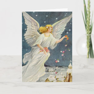 Vintage Christmas Victorian Angel with Stars Roses Holiday Card