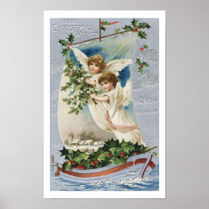 Vintage Christmas, Victorian Angels in a Sailboat Poster