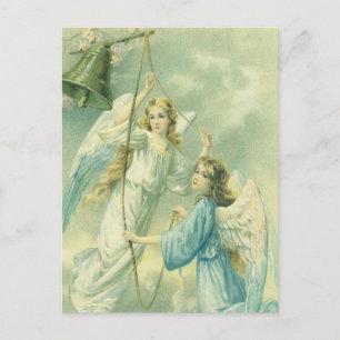Vintage Christmas, Victorian Angels with a Bell Holiday Postcard