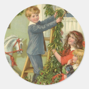 Vintage Christmas, Victorian Children Decorating Classic Round Sticker