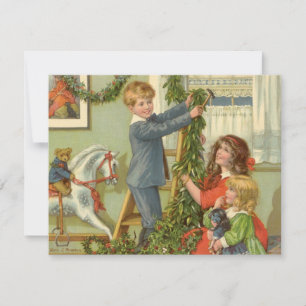 Vintage Christmas, Victorian Children Decorating Holiday Card