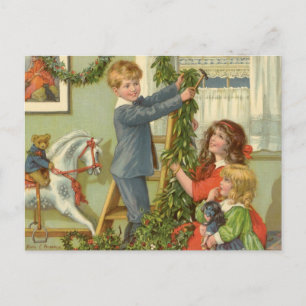 Vintage Christmas, Victorian Children Decorating Holiday Postcard