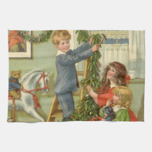 Vintage Christmas, Victorian Children Decorating Tea Towel