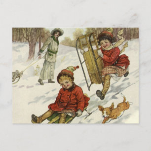 Vintage Christmas, Victorian Children Sledding Dog Holiday Postcard