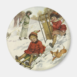 Vintage Christmas, Victorian Children Sledding Dog Magnet