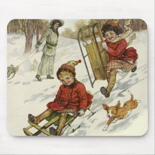Vintage Christmas, Victorian Children Sledding Dog Mouse Pad