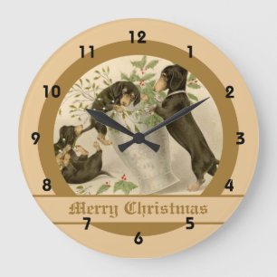 Vintage Christmas Victorian cute dachshund dogs Large Clock