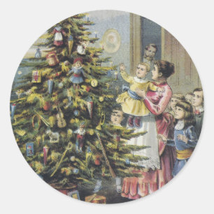 Vintage Christmas, Victorian Family Around Tree Classic Round Sticker