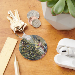 Vintage Christmas, Victorian Family Around Tree Key Ring