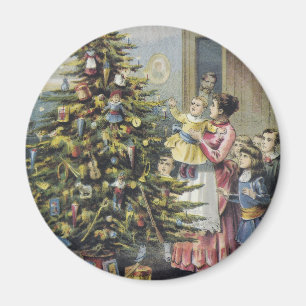 Vintage Christmas, Victorian Family Around Tree Magnet