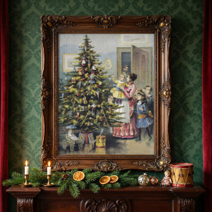 Vintage Christmas, Victorian Family Around Tree Poster