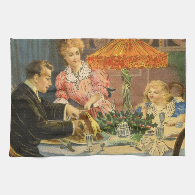 Vintage Christmas, Victorian Family Dinner Tea Towel (Horizontal)