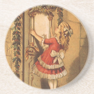 Vintage Christmas Victorian Girl Hanging a Garland Coaster