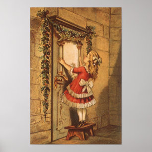 Vintage Christmas Victorian Girl Hanging a Garland Poster