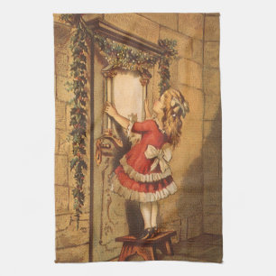 Vintage Christmas Victorian Girl Hanging a Garland Tea Towel