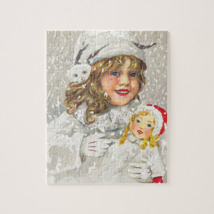Vintage Christmas Victorian Girl with Doll in Snow Jigsaw Puzzle