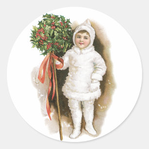 Vintage Christmas, Victorian Girl with Holly Classic Round Sticker
