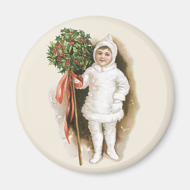 Vintage Christmas, Victorian Girl with Holly Magnet (Front)